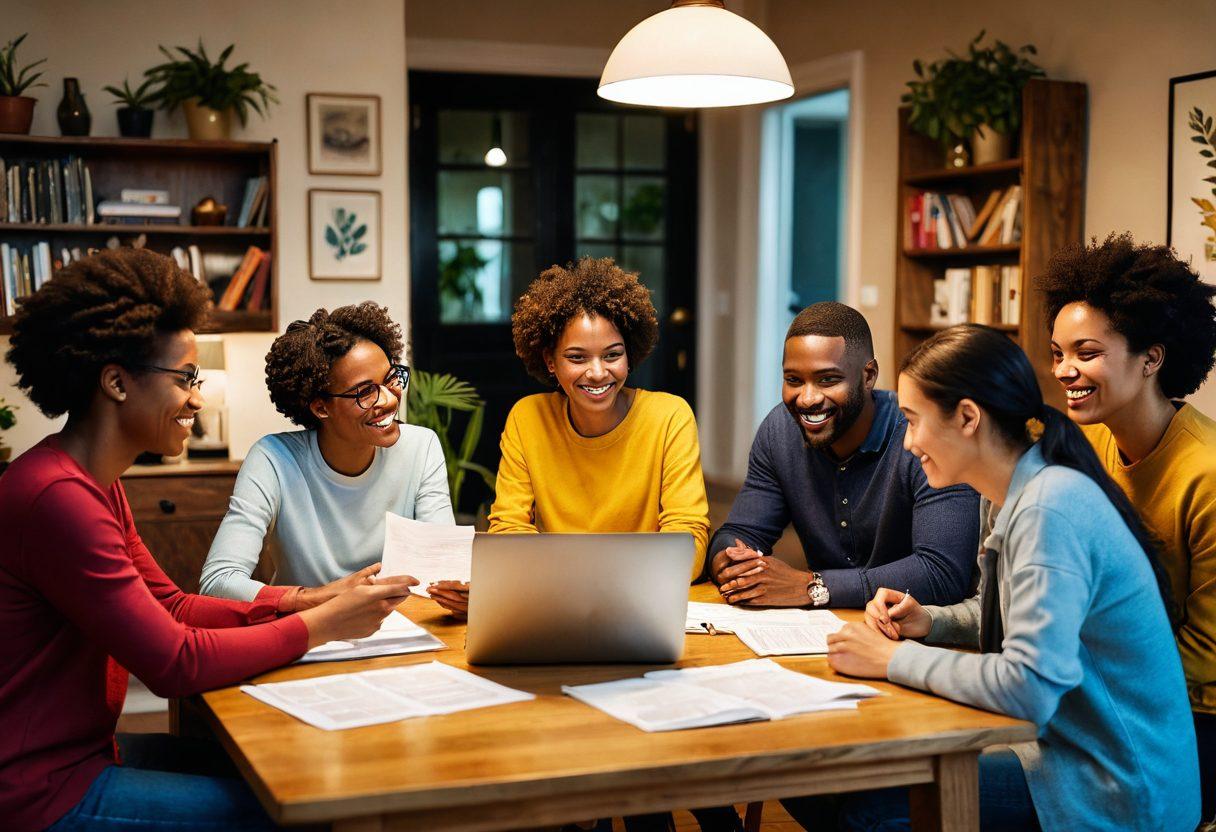 A visually engaging illustration depicting a diverse group of tenants sitting around a table, examining rental insurance documents and discussing in a cozy apartment setting. Include elements like a laptop, paperwork, a rent agreement, and happy expressions to convey understanding and collaboration. Background can feature homey decor with plants and bookshelves for a warm feel. Soft lighting enhances the inviting atmosphere. vibrant colors. super-realistic.