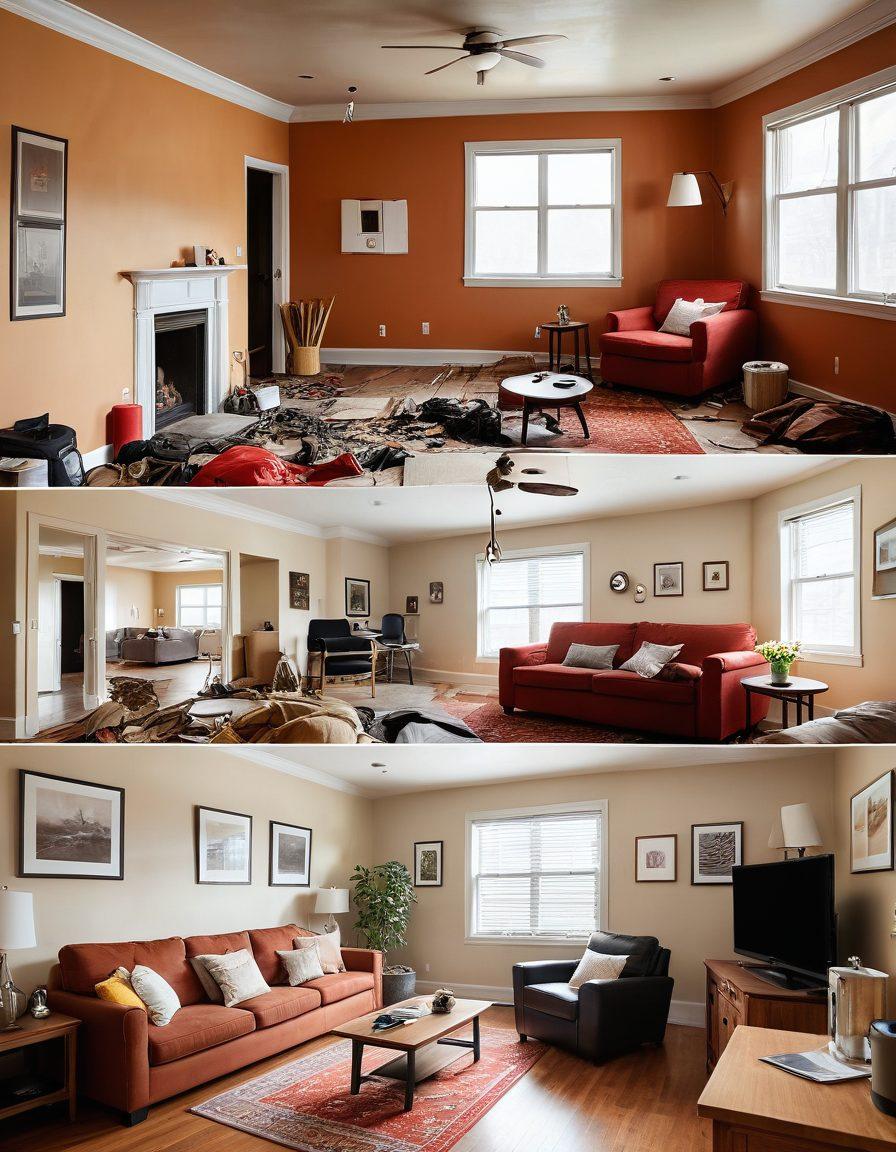 A cozy apartment interior showcasing a split image: one side displaying potential liabilities (like water damage or fire hazards) and the other side illustrating the protection provided by insurance (like happy families and safe belongings). Include elements like insurance documents, safety equipment, and a reassuring ambiance. Incorporate warm colors to evoke comfort and security. super-realistic. vibrant colors. abstract elements.