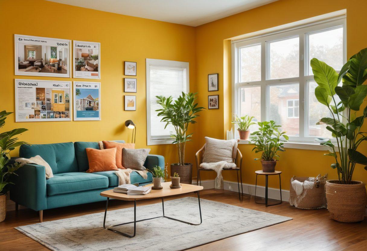A cozy apartment interior, showcasing a living room with locked windows and a secure front door, featuring elements like a laptop with insurance documents, a friendly tenant reading a guidebook, and insurance posters on the walls. Include a potted plant and a security camera for added safety. warm tones, inviting atmosphere. super-realistic. vibrant colors.